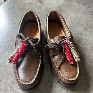 Women’s  Brown Leather Boat Shoes with Red Accent Tassels